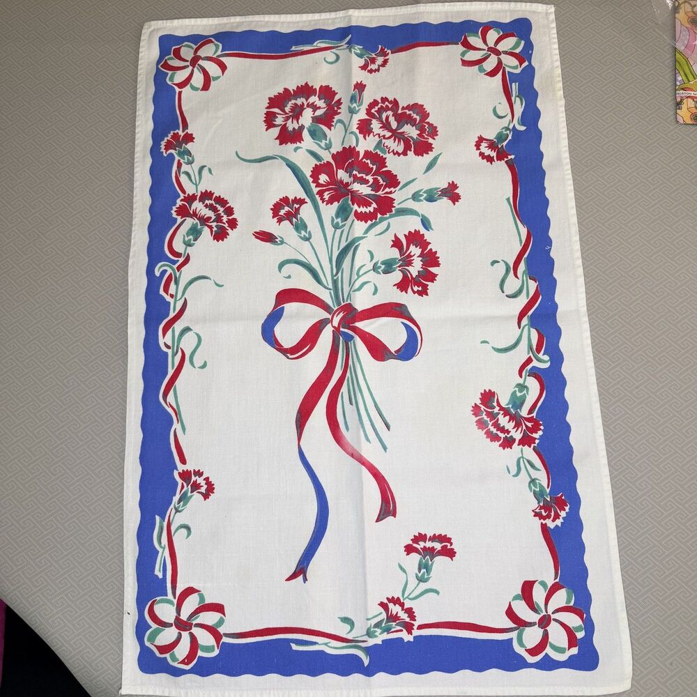 Vintage Style Floral Carnation Bouquet Kitchen 16"  x 25" Dish Towel Red Blue